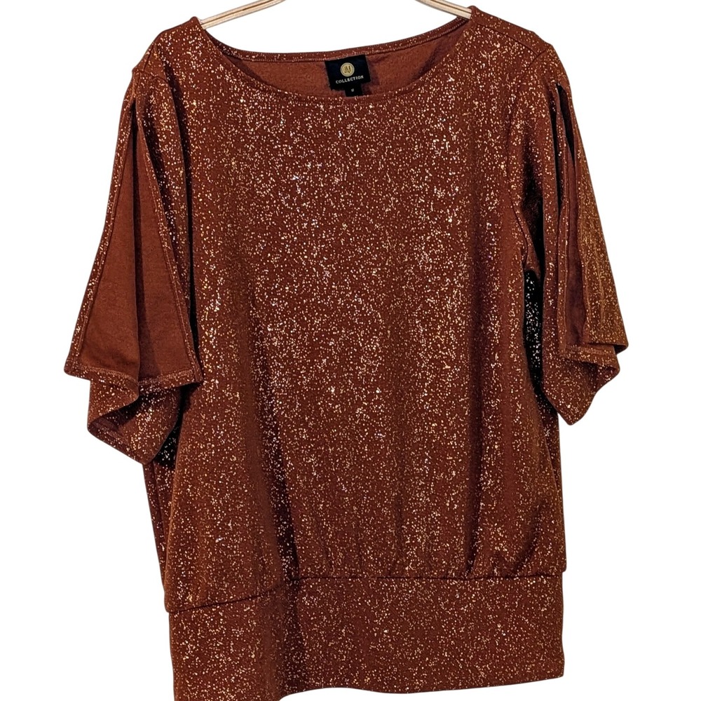 JM Collection Desert‎ Bliss Copper Sparkle Metallic Top Shirt M Split Sleeve NWT